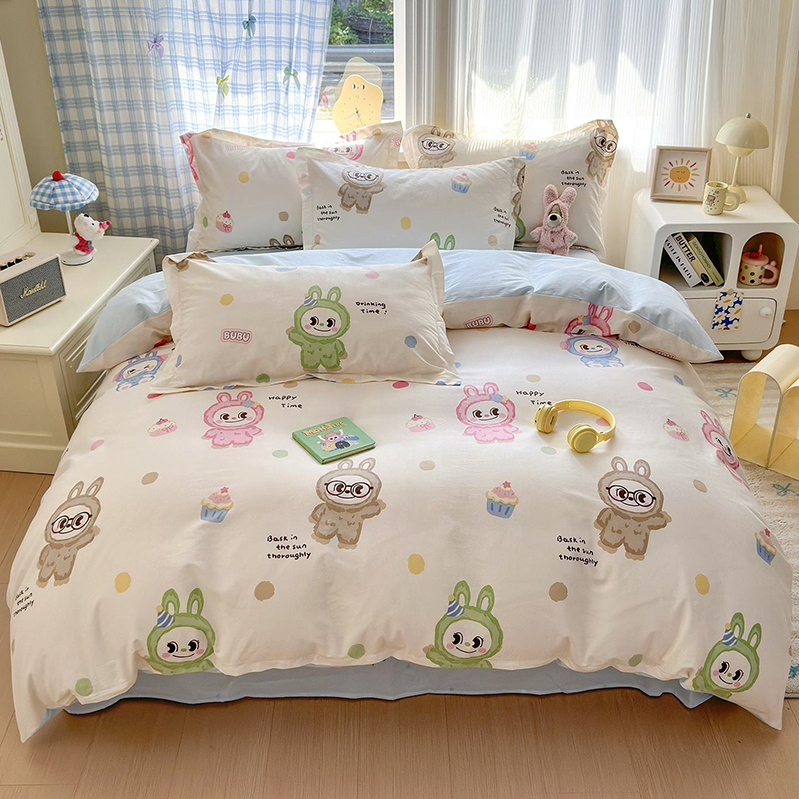 High Quality 4pcs Bedding Set Cute Cotton Bubu Design Duvet Cover Printed Pattern for Kids Home Bedroom & Living Room Use