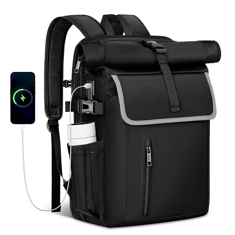 Unisex Luxury Polyester Rolltop Backpack Zipper Waterproof Large 17.3-inch Laptop USB Charging Port Anti-Theft RFID Pocket